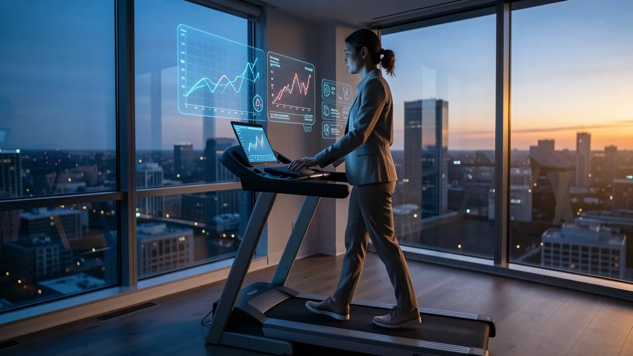 Woman walking on treadmill desk with glowing metabolic data holograms in modern office