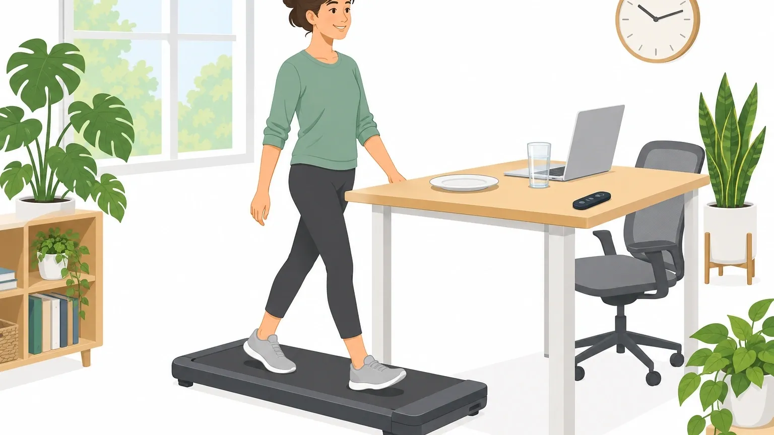 Happy person walking on an under-desk walking pad after a meal, with a plate and water on the desk