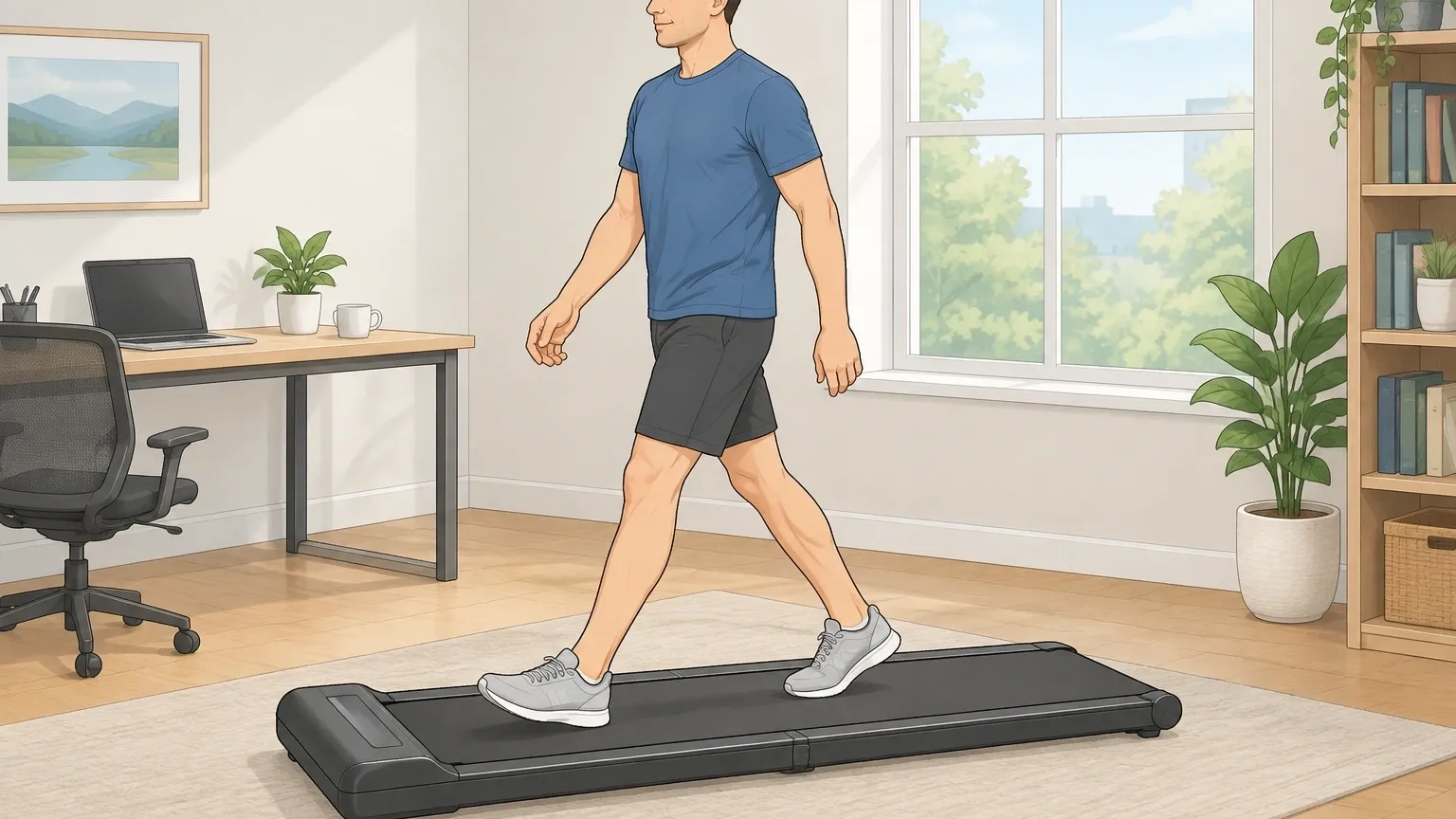 Illustration of a tall man walking comfortably on a long-belt walking pad with extra stride room in a home office