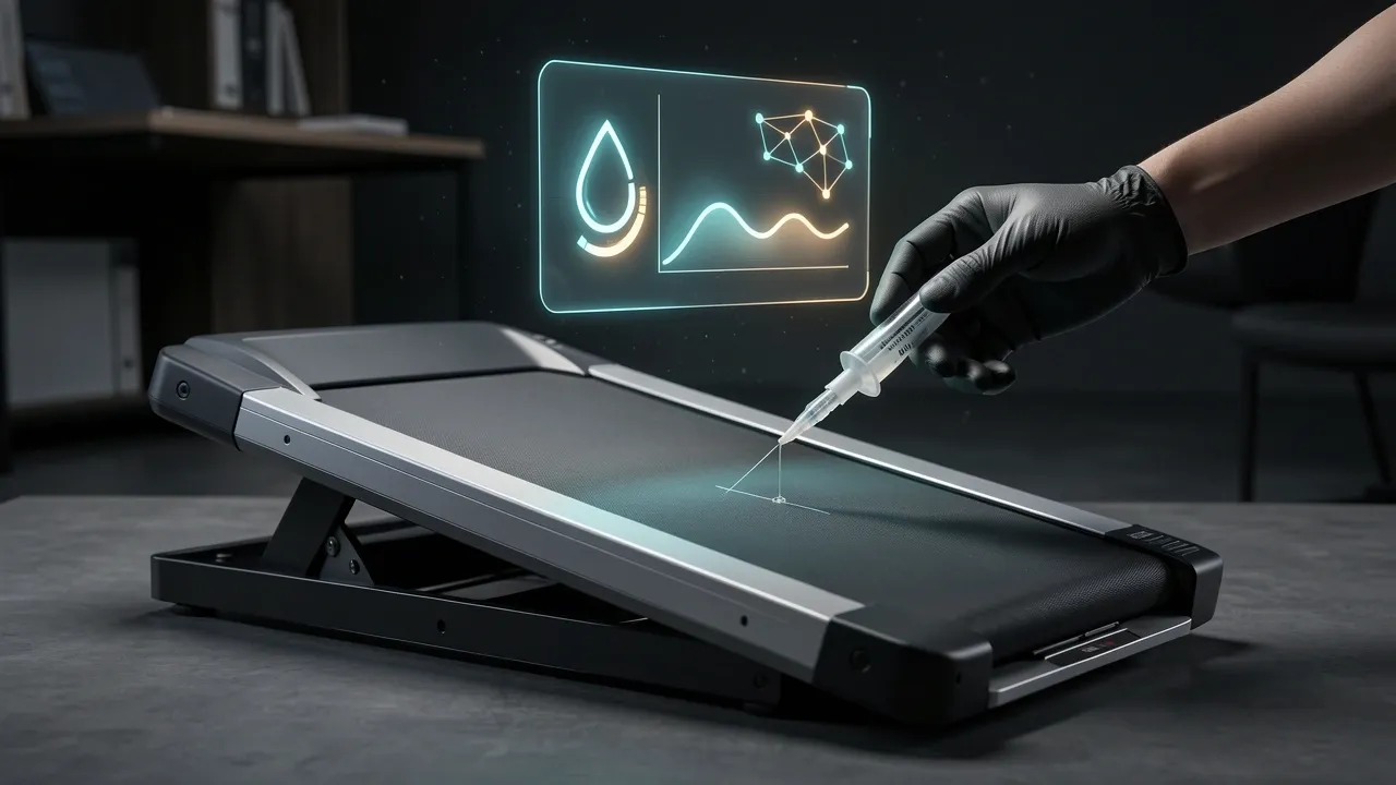 Under-desk walking pad opened for belt maintenance with holographic diagnostic data overlay