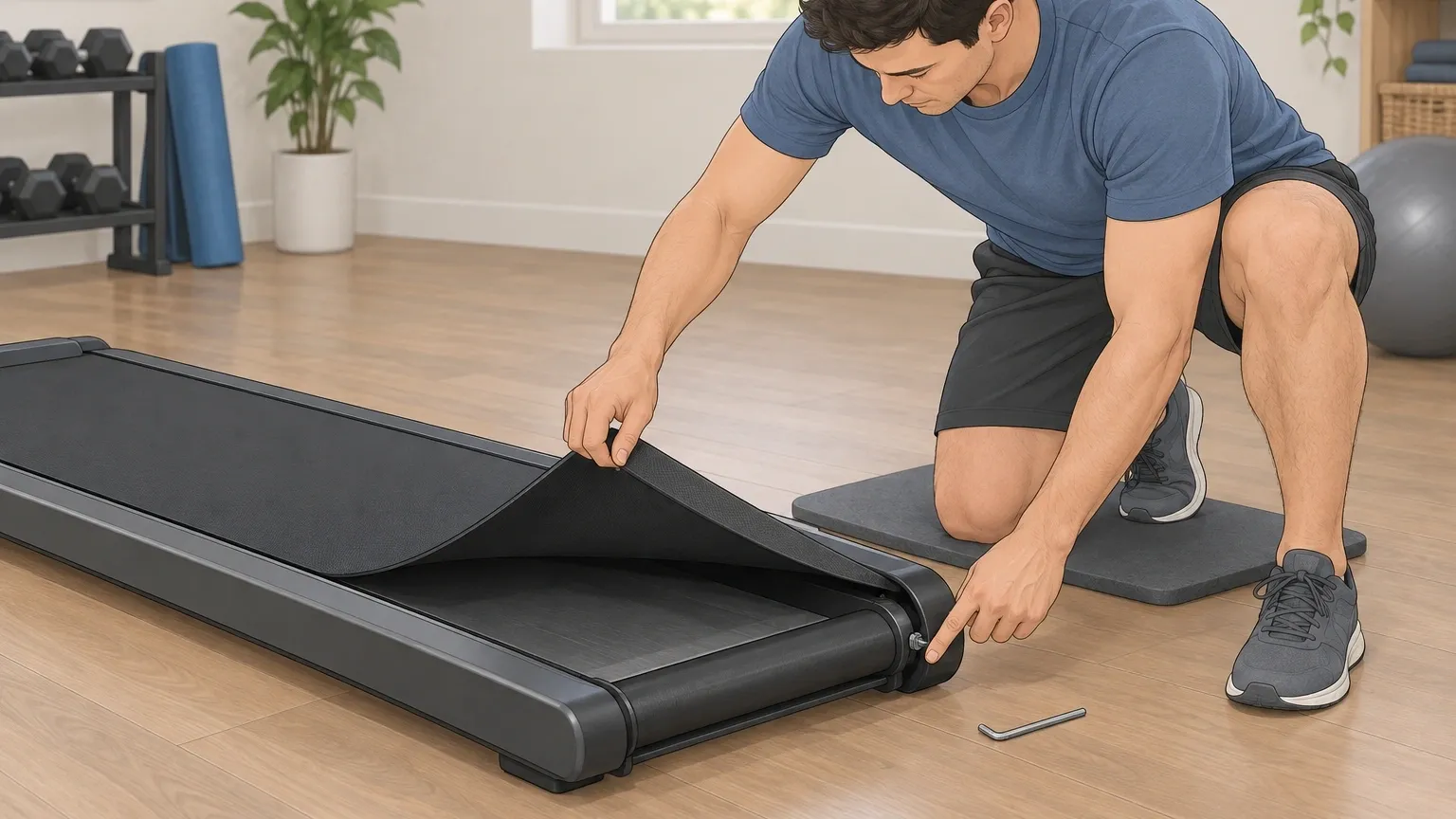 Walking Pad Belt Tension and Wear Check Person kneeling by a walking pad lifting the belt to check tension and inspecting the rear roller adjustment bolt.