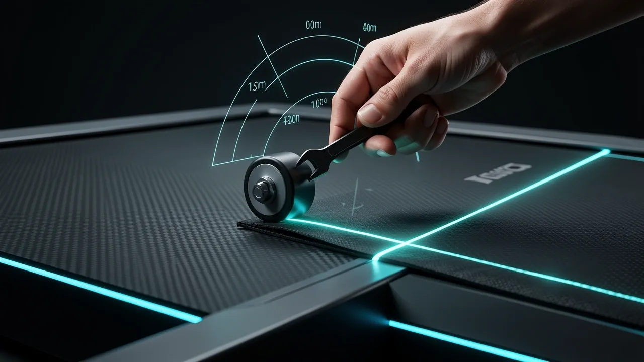 Hand adjusting walking pad belt with Allen wrench and holographic tension diagnostics