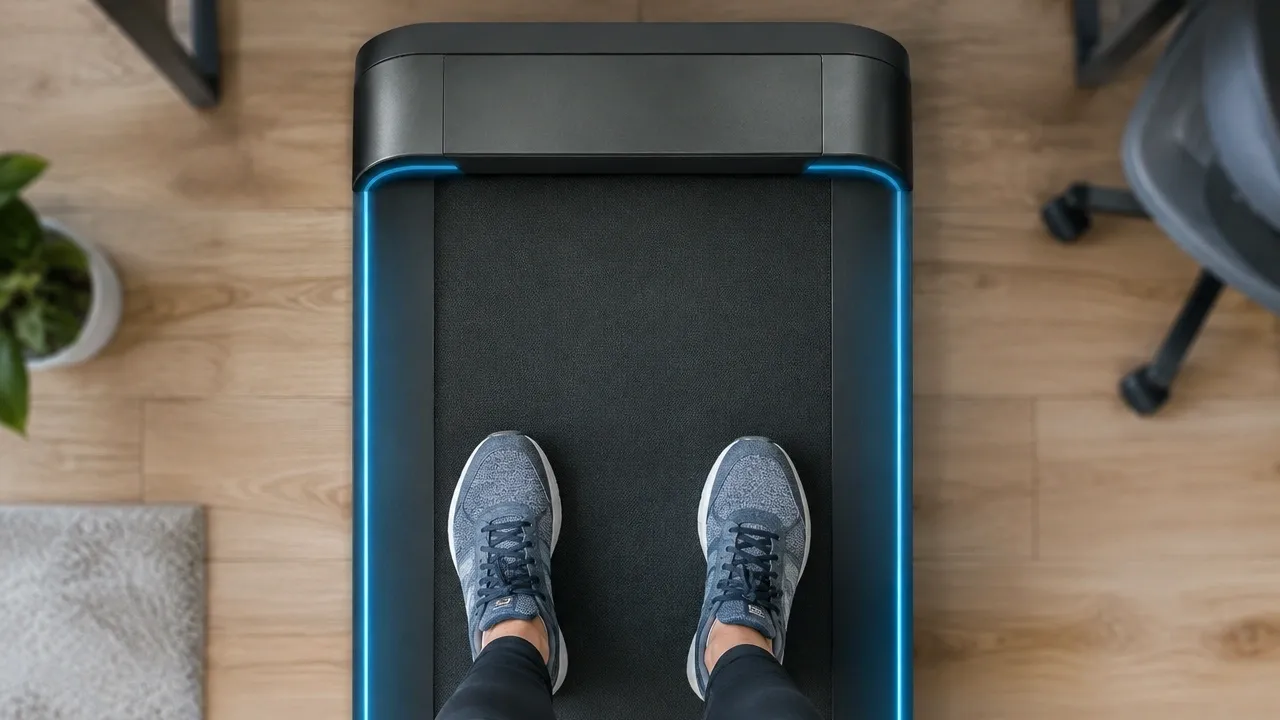 Person's feet standing safely on a walking pad belt with ample width margin