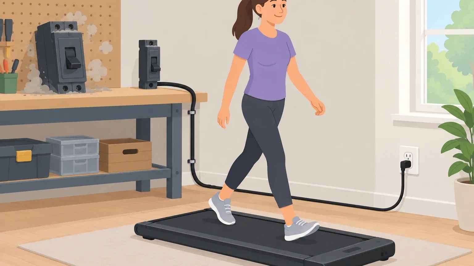 Myth-busting illustration showing a walking pad running on a dedicated circuit with a larger breaker set aside
