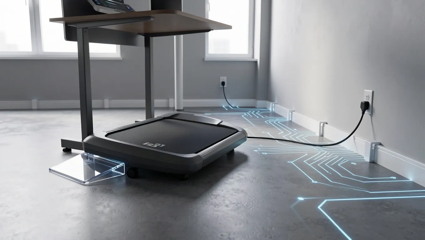 Walking pad power cable routed safely under a desk through a floor cable protector and wall clips in a modern office.