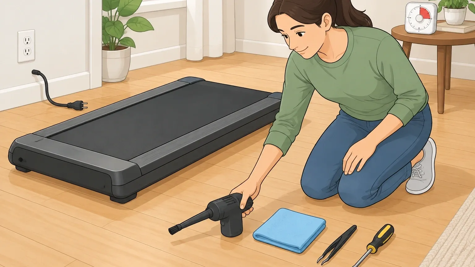 Prep for Walking Pad Motor Cleaning Unplugged walking pad with motor cleaning tools laid out safely