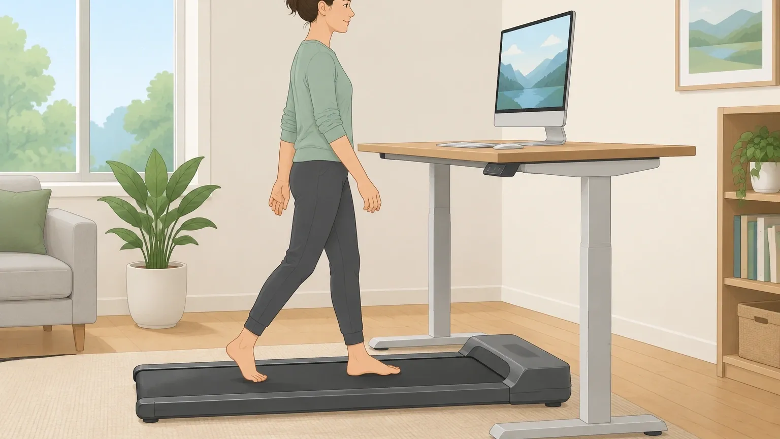 Effortless walking pad use at a standing desk Person walking comfortably on a walking pad positioned under a standing desk