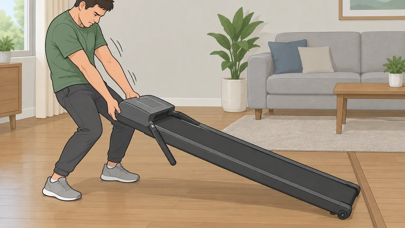 Poor handle design on a walking pad Person trying to lift a walking pad while the collapsible handle flops downward