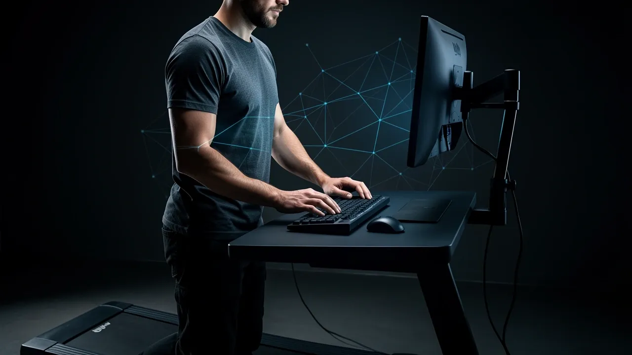 Professional walking on treadmill desk with split keyboard and trackball, glowing ergonomic data overlay