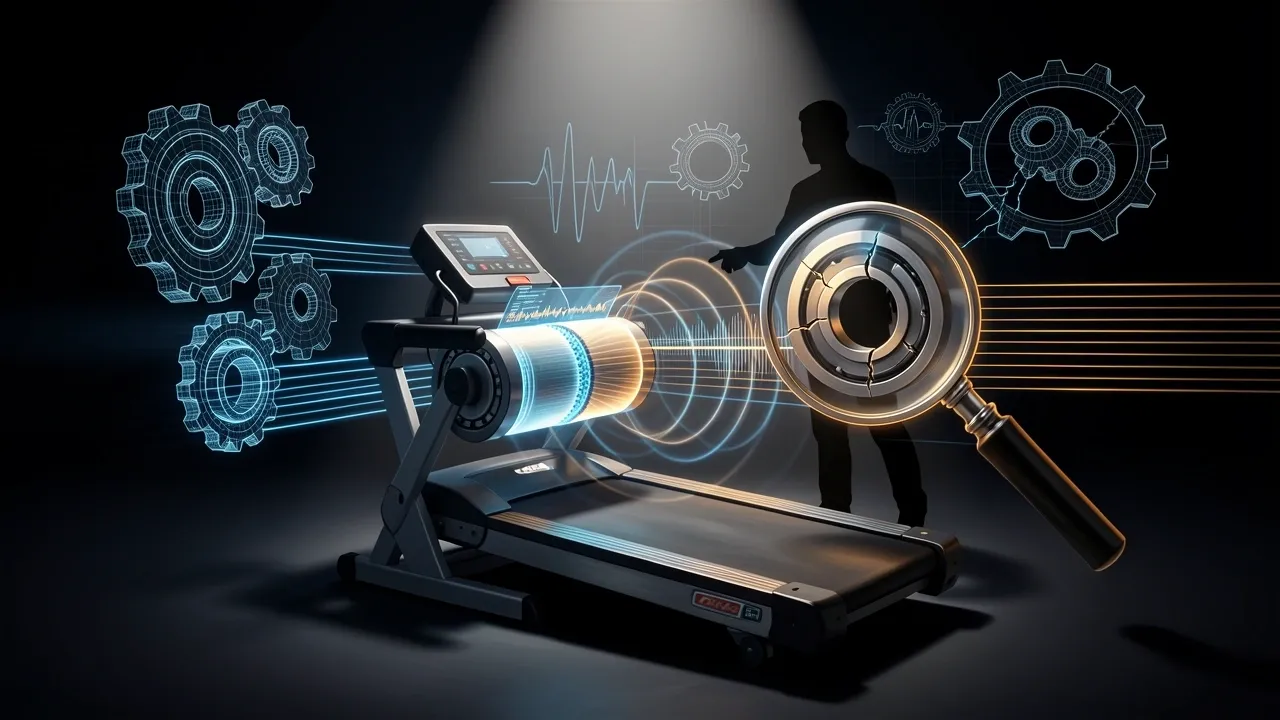 Under-desk treadmill diagnostic hologram showing clicking bearing and soundwave analysis