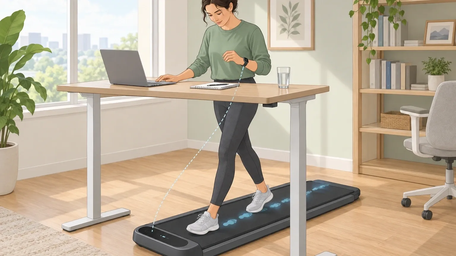 Person walking on a compact walking pad under a standing desk while wearing a smartwatch, illustrating the challenge of tracking accurate walking pad distance.