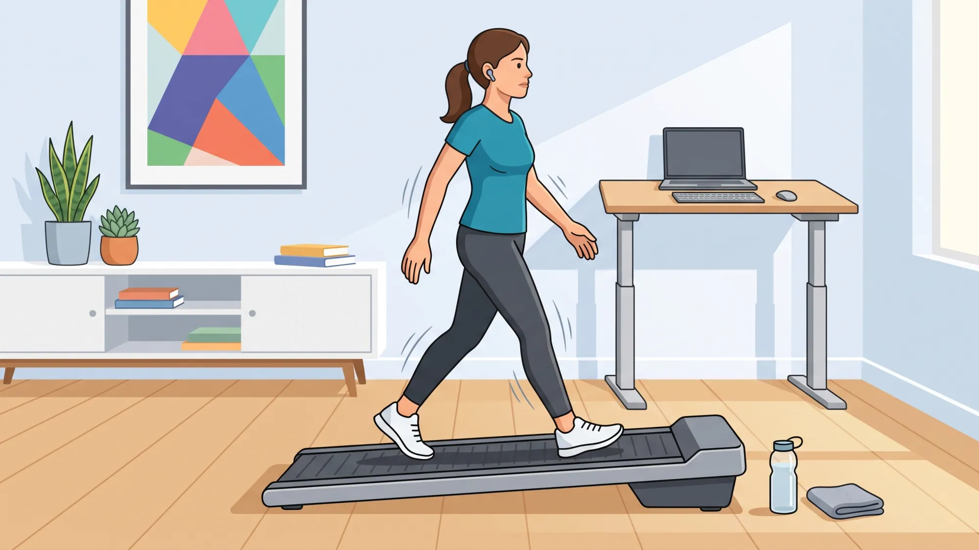 Person walking intentionally on a walking pad with earbuds while a closed laptop sits nearby