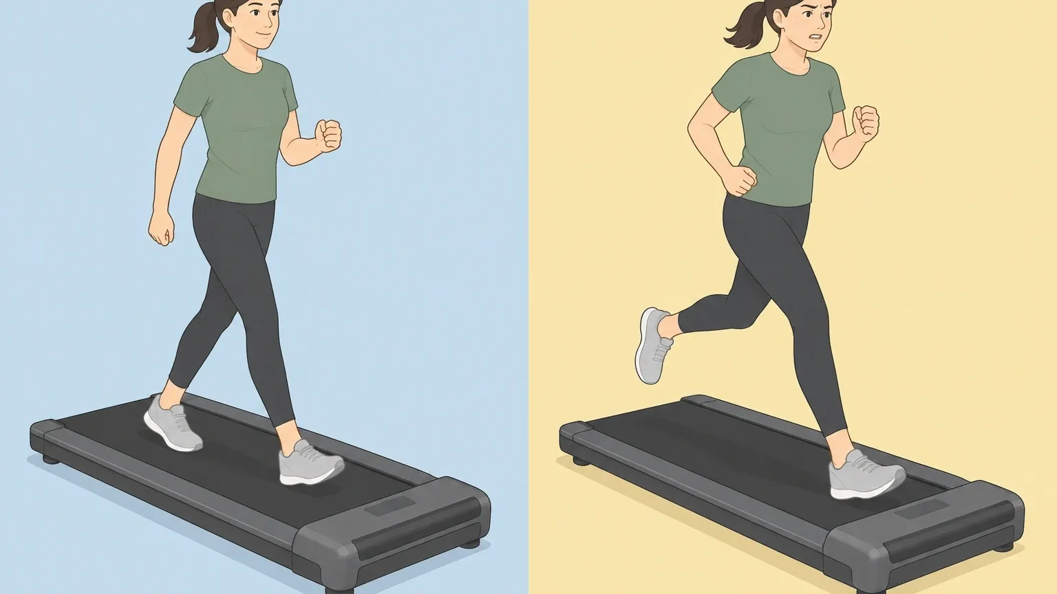Walking yes, running no on a compact pad Split illustration showing walking is comfortable on the Yagud but jogging makes the belt feel too short