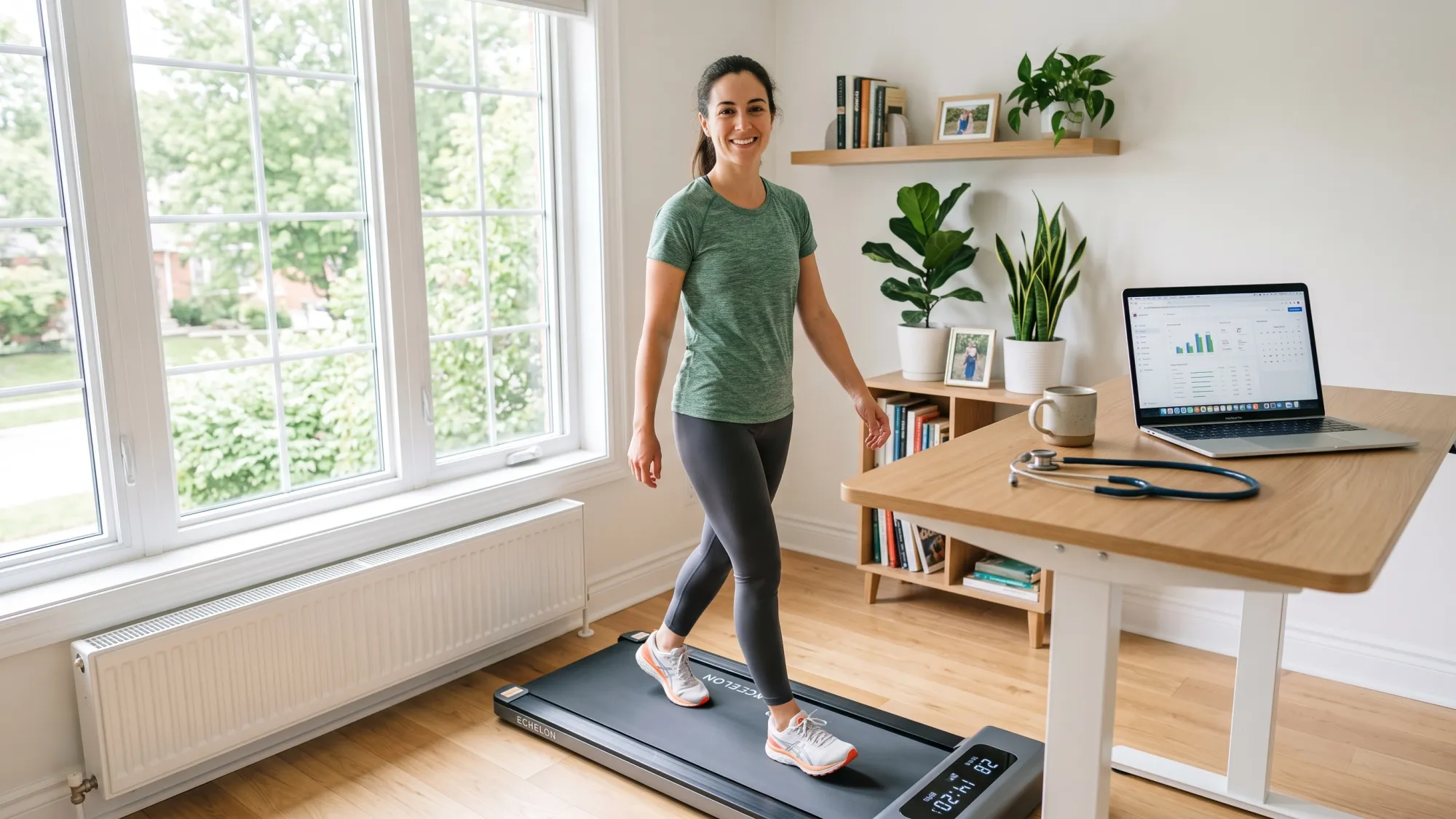 Person using a walking pad under a desk with a stethoscope, representing FSA eligibility for exercise equipment.