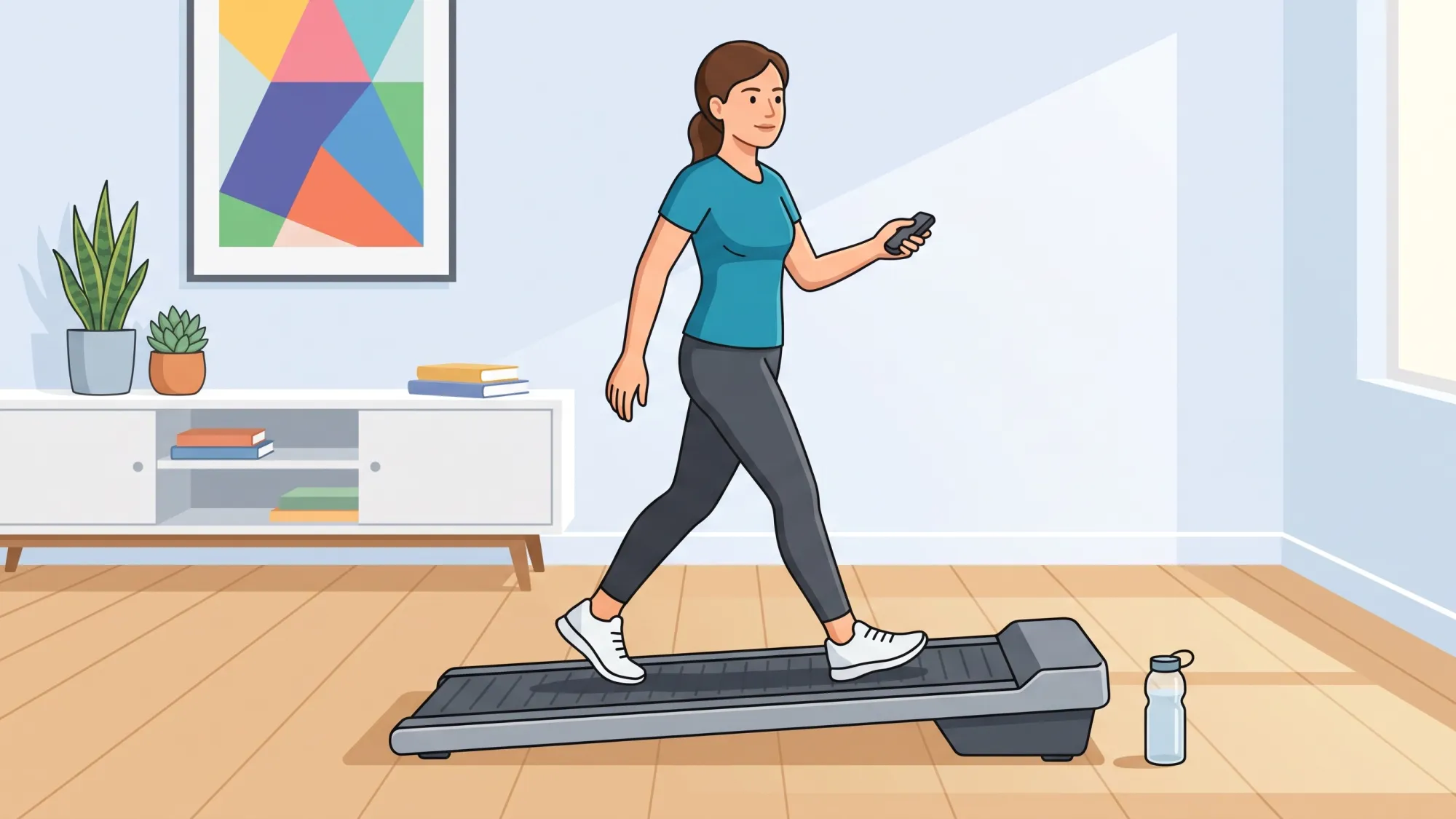 Person adjusting incline settings on a walking pad while walking