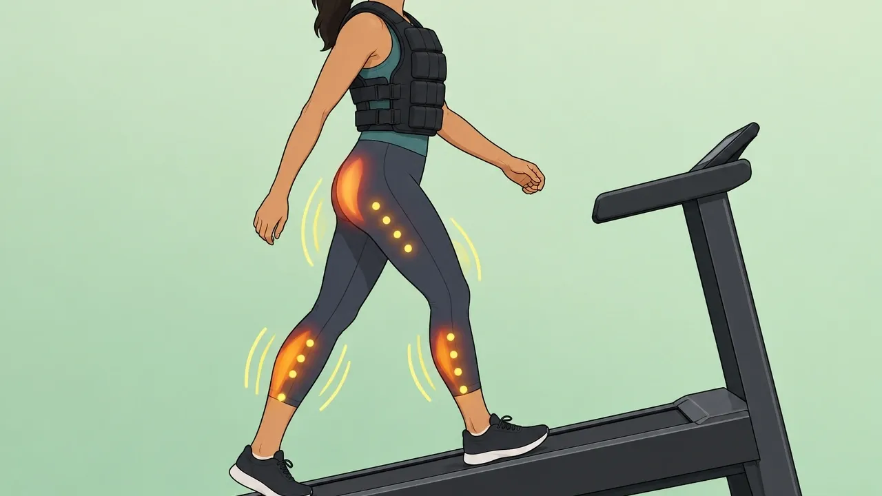 Illustration of a person walking on an inclined walking pad with a weighted vest, showing muscle activation around the legs