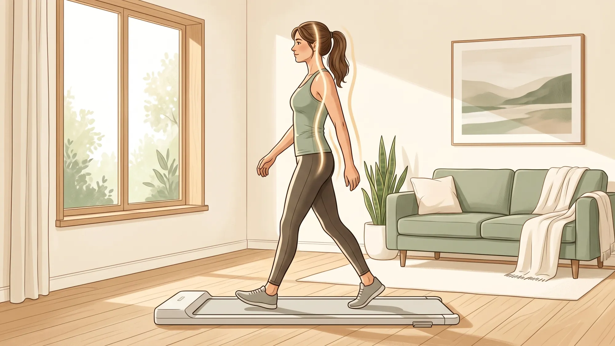 Joint-Friendly Walking Posture Side view illustration of a woman with aligned spine walking on a walking pad