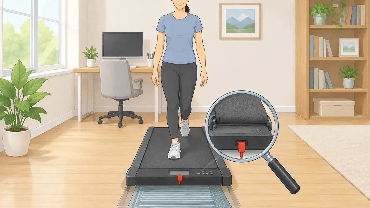 Illustration of a person walking on a compact walking pad with a magnifying glass inspecting the pressure sensor under the belt