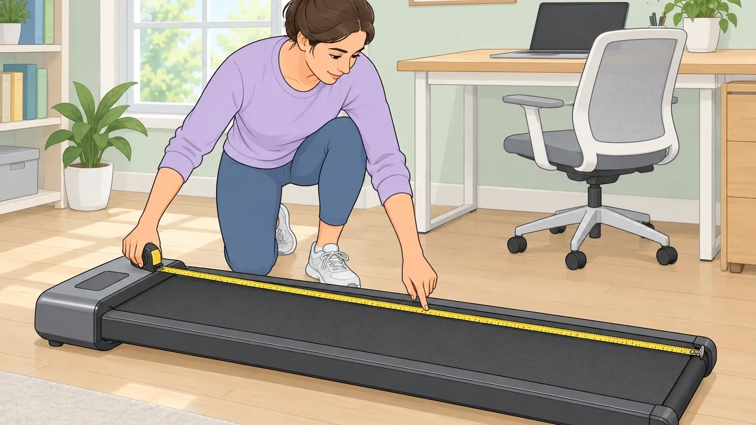 Person measuring walking pad belt length with tape measure