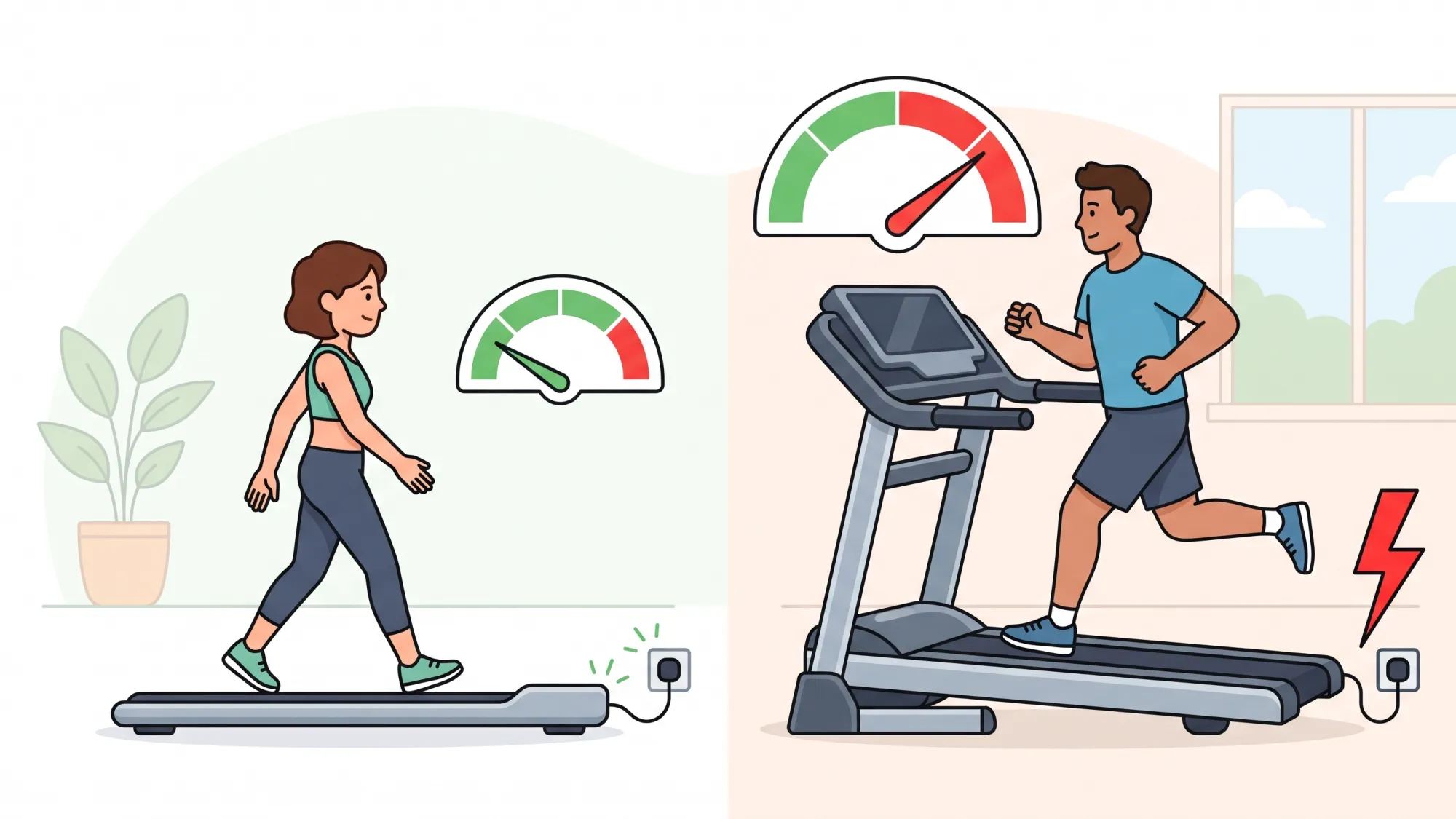 Walking pad electricity cost comparison Illustration comparing a small green low-energy gauge for a walking pad and a large red high-energy gauge for a treadmill