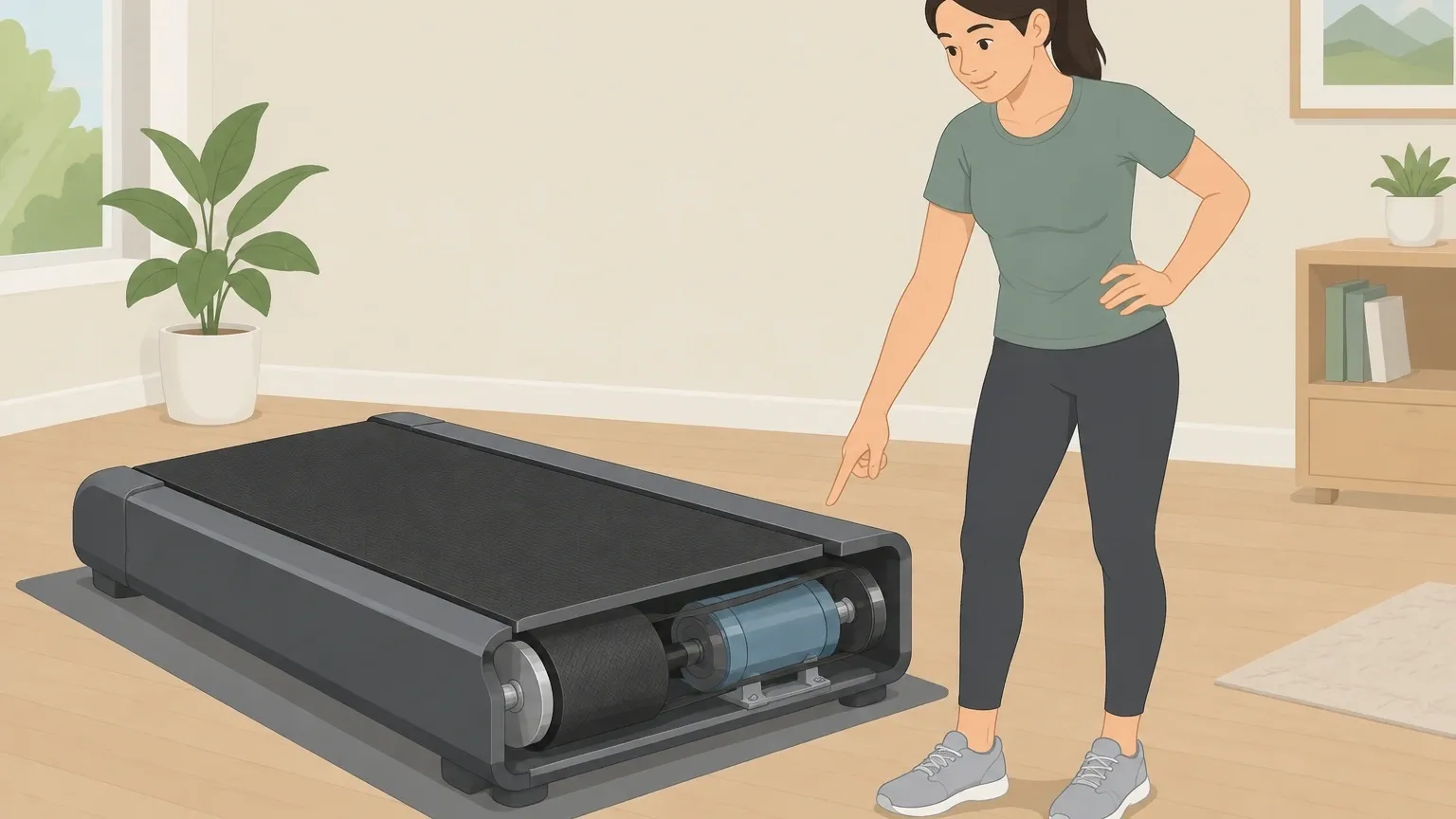 Walking pad motor and belt rollers Illustration of a small motor and belt system inside a compact Yagud walking pad