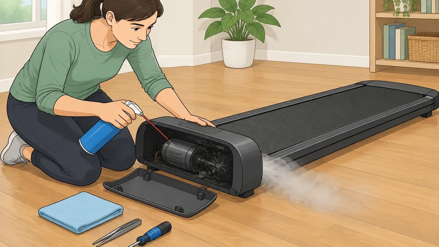 Person cleaning the open motor chamber of a walking pad with compressed air