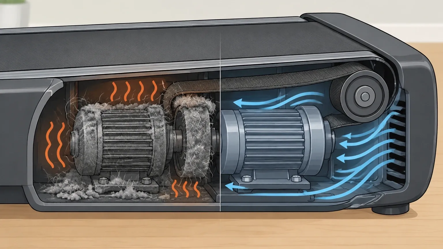 Dust Traps Heat in Walking Pad Motor Cutaway of walking pad motor showing dust and hair trapping heat and causing overheating