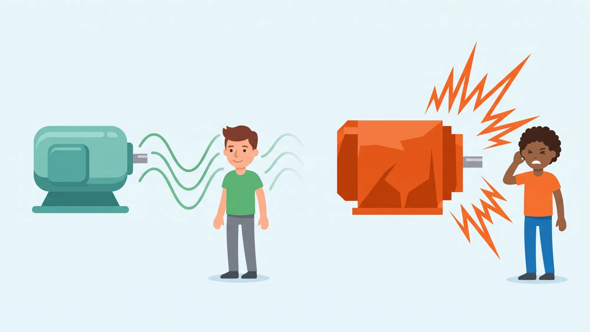 Motor tone matters for walking pad noise Illustration comparing a pleasant low motor hum with an annoying high-pitched whine using sound waves and facial expressions