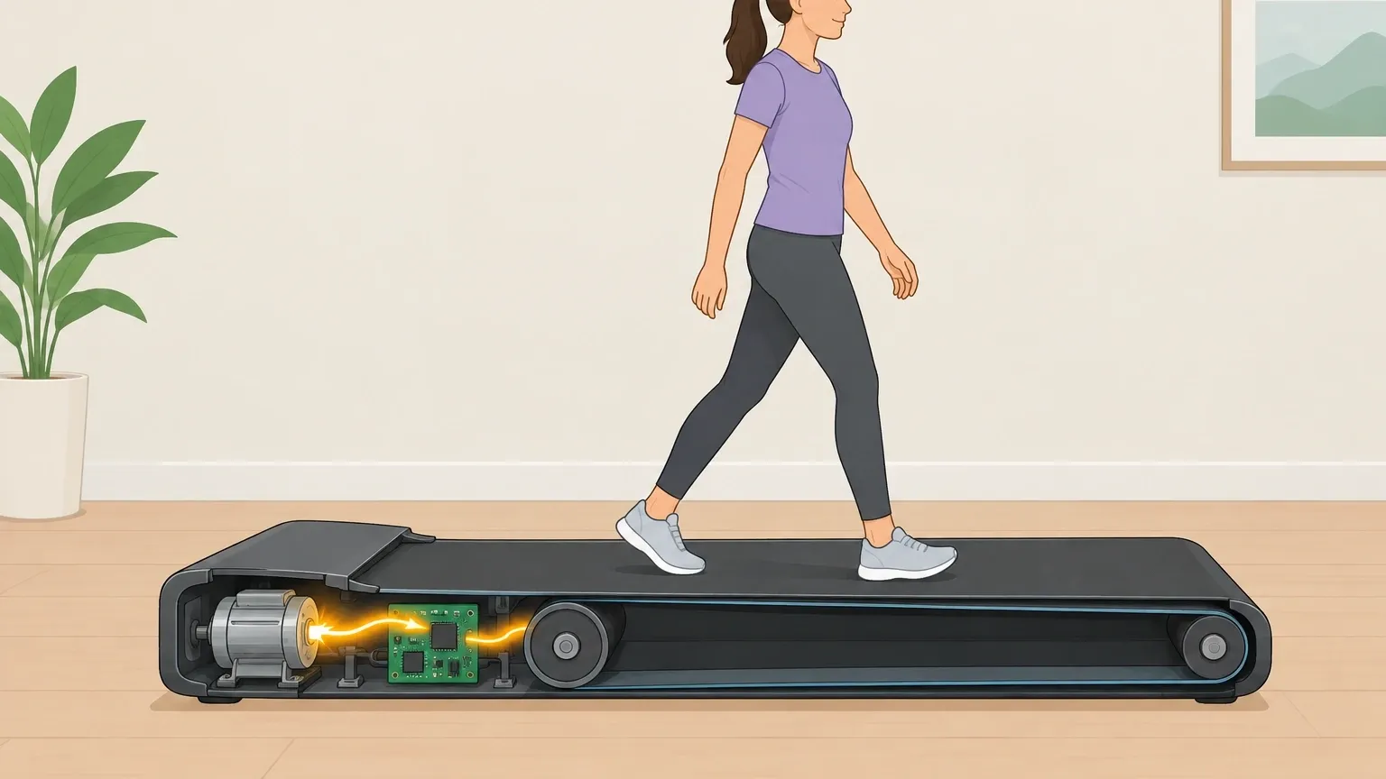 Cutaway illustration showing the motor and controller inside a walking pad when speed is increased