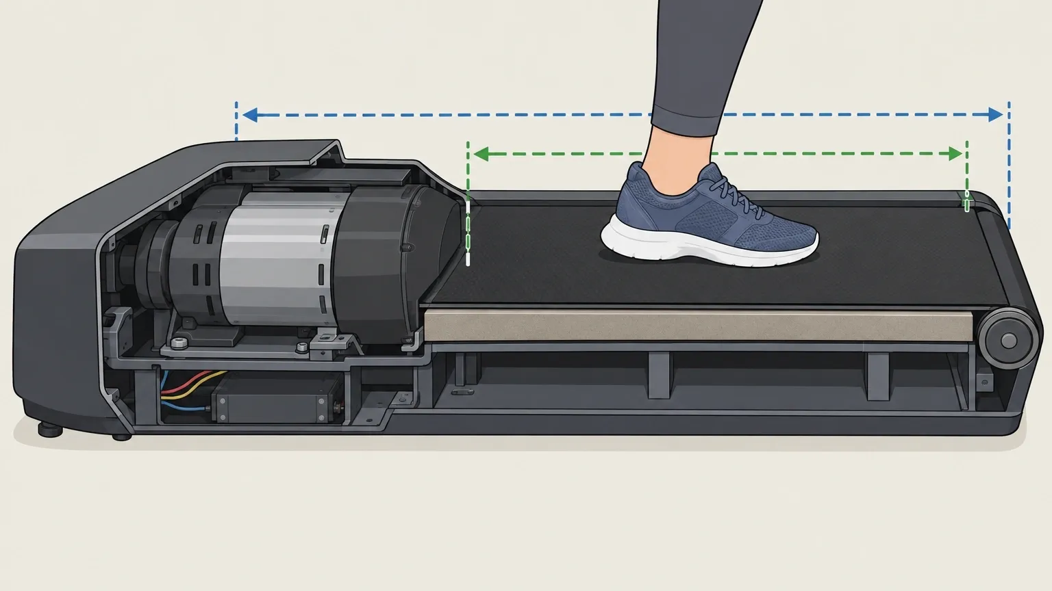 Motor Placement Impact on Walking Pad Length Cross-section illustration of a walking pad showing how the motor housing reduces usable belt length