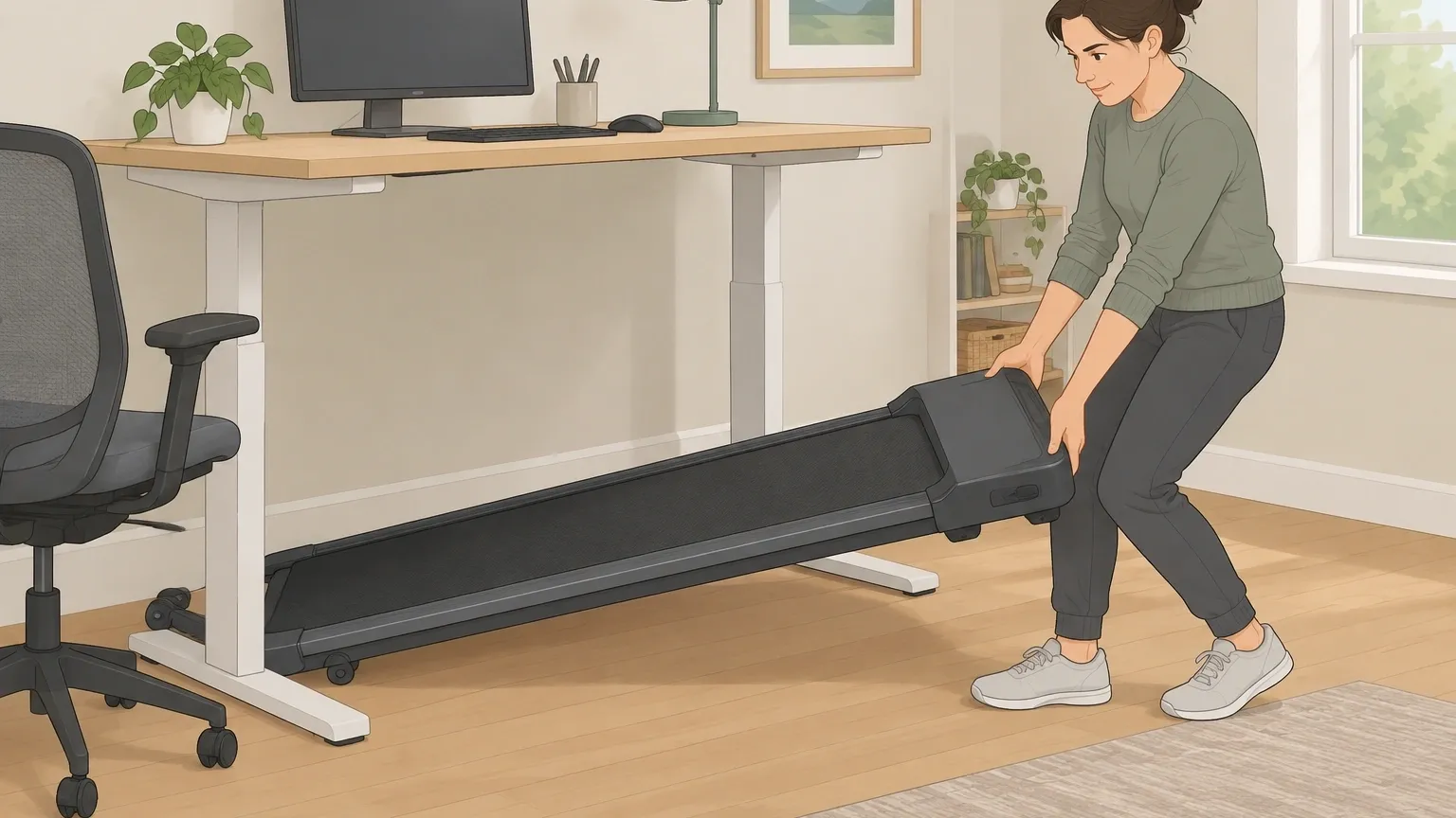 Person struggling to lift a front-heavy walking pad under a standing desk in a home office