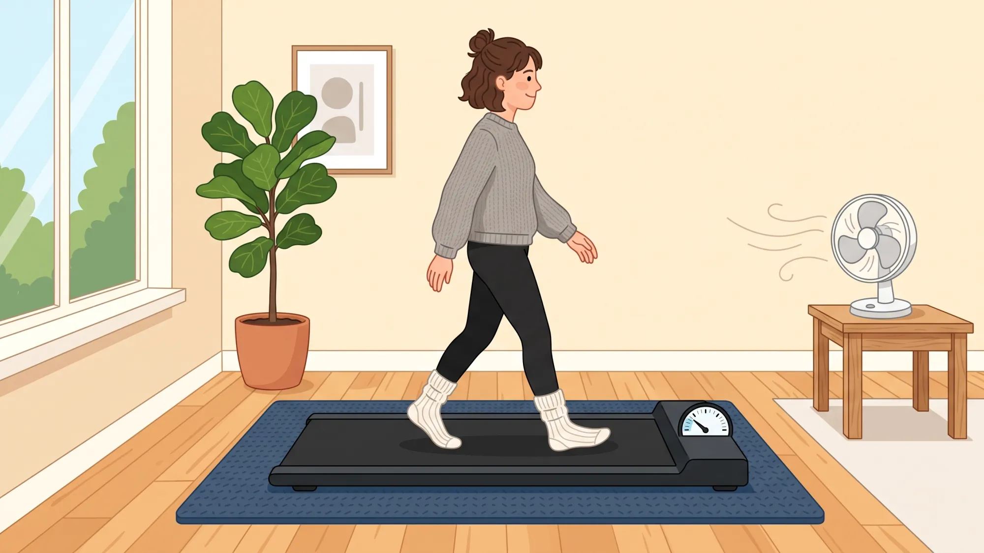 Quiet walking pad setup tips Illustration of a walking pad setup with an anti-vibration mat, low speed setting, and a fan for masking noise