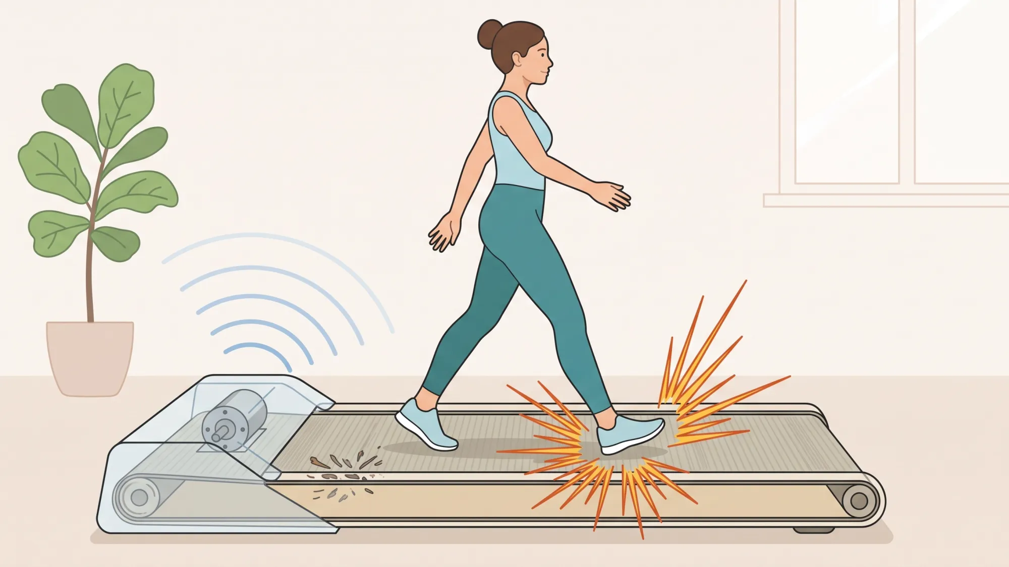 Anatomy of walking pad noise Illustration showing motor, belt, and footfall as the three noise sources on a walking pad