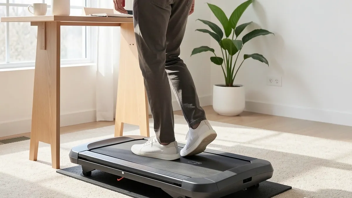 Person using a walking pad on low-pile carpet with a protective mat in a home office