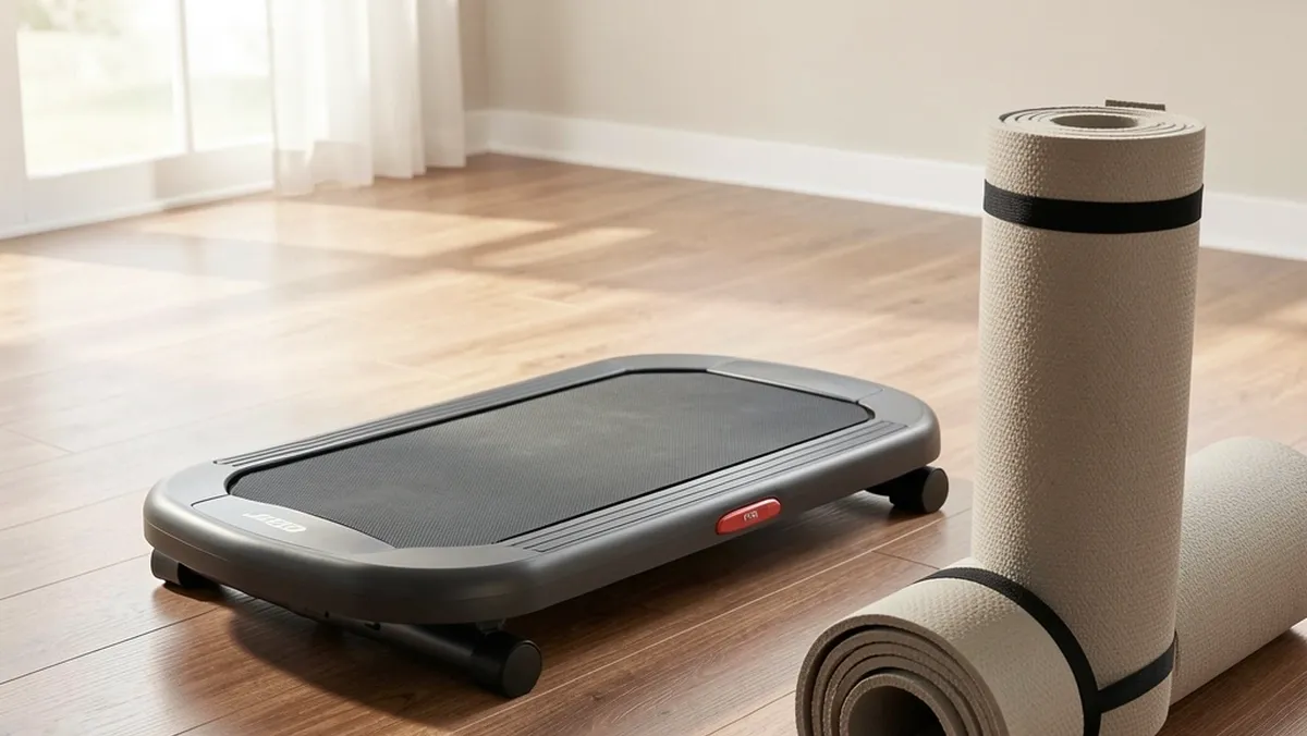 Walking Pad on Hard Floor for Warranty Safety Walking pad on hard laminate floor with rolled mat nearby