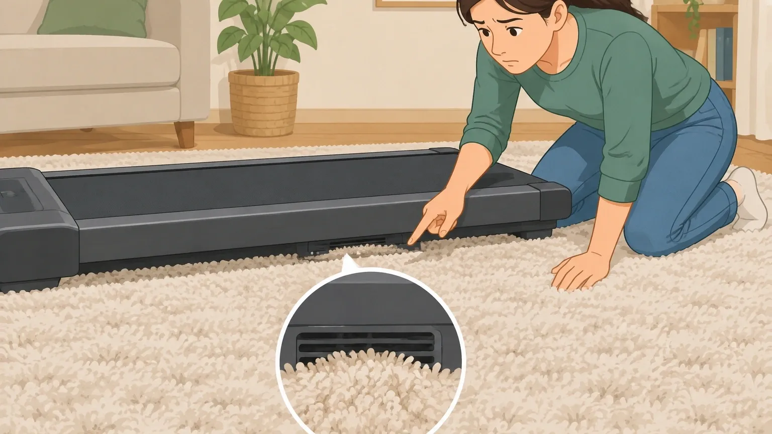 Blocked vent on carpeted floor Illustration of a Yagud walking pad on thick carpet with the bottom air vent blocked by carpet fibers
