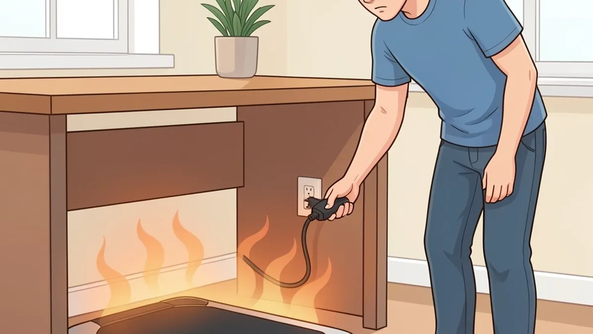 Person safely unplugging an overheating walking pad in a home office