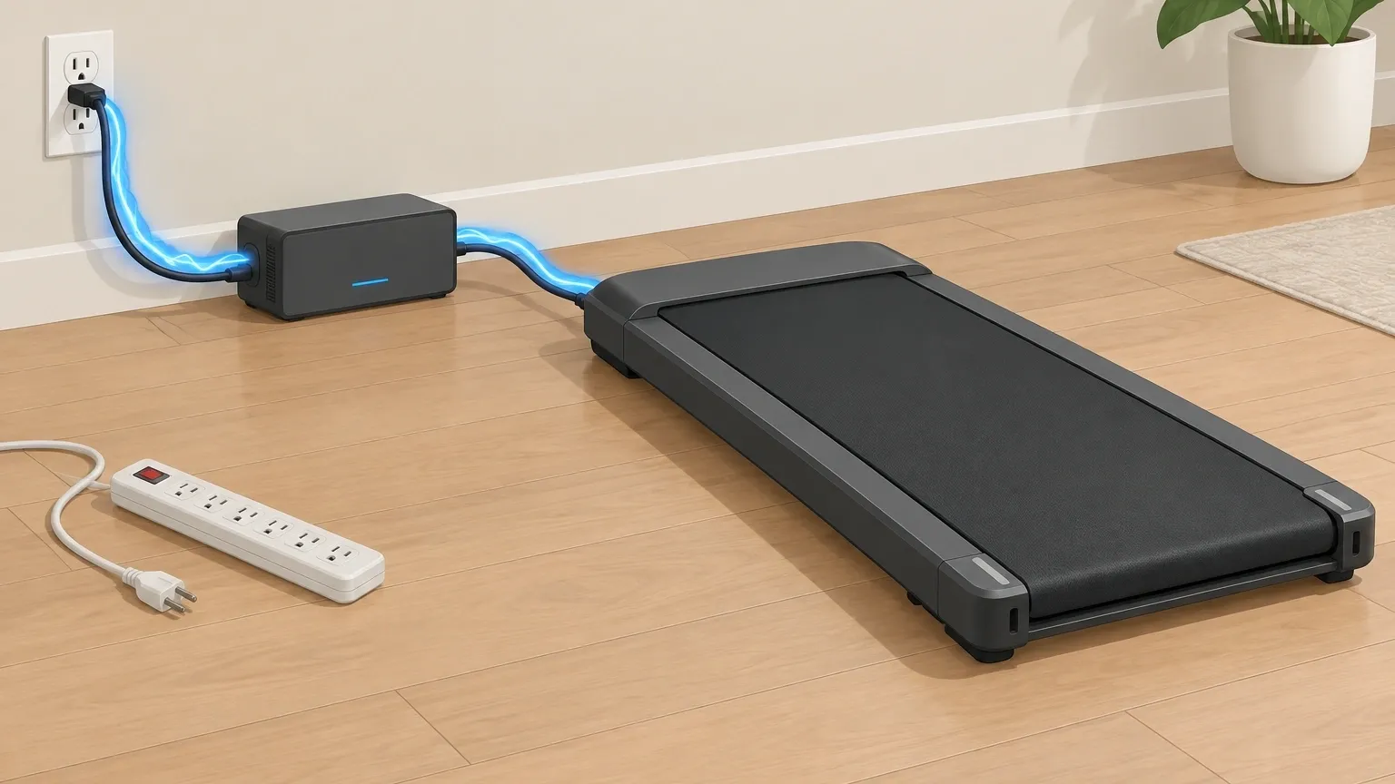 Walking pad plugged into a power conditioner on the floor with smooth filtered current flowing to the motor