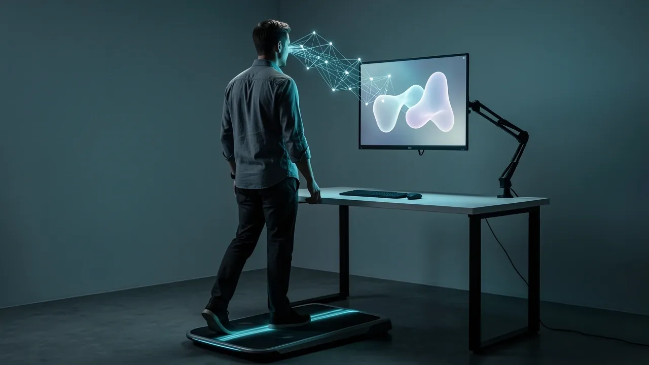 Professional walking on a treadmill desk while reading a monitor with glowing neural network overlay visualizing cognitive load