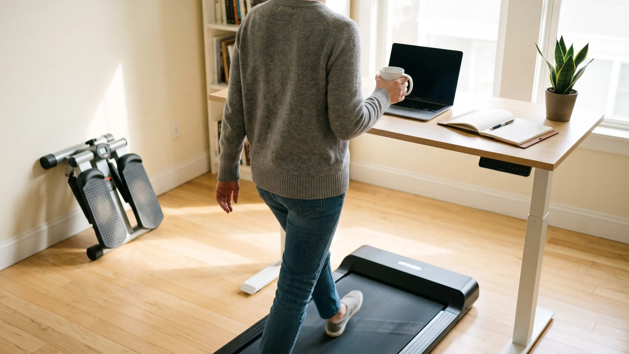 The Low-Friction Workout Habit Person in casual clothes stepping onto a walking pad under a desk