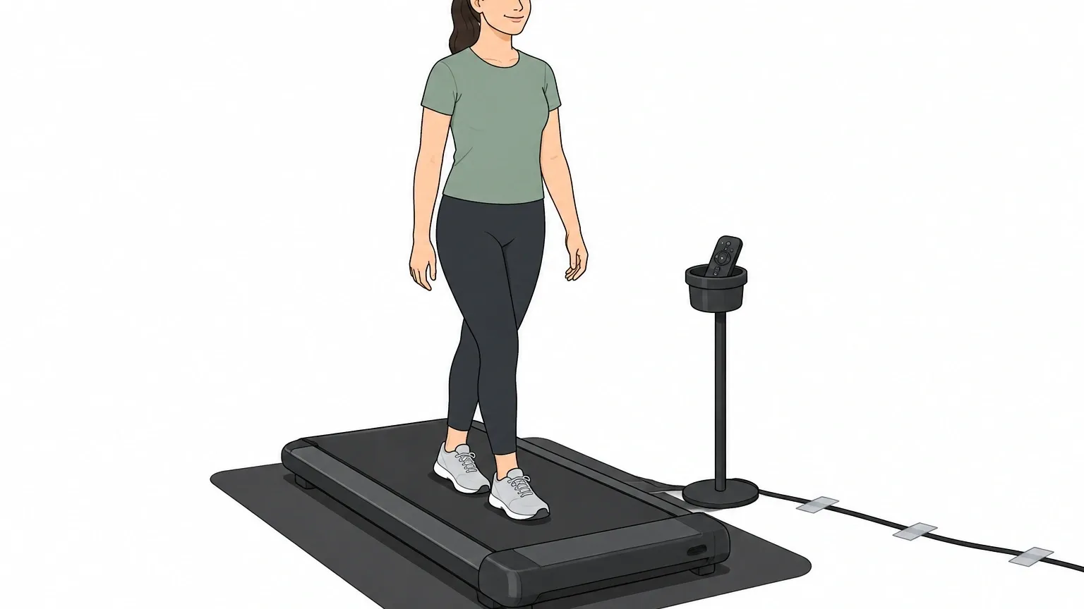 Safe Walking Pad Setup After Meals Proper safety setup for a walking pad with anti-fatigue mat, taped cord, and remote within reach