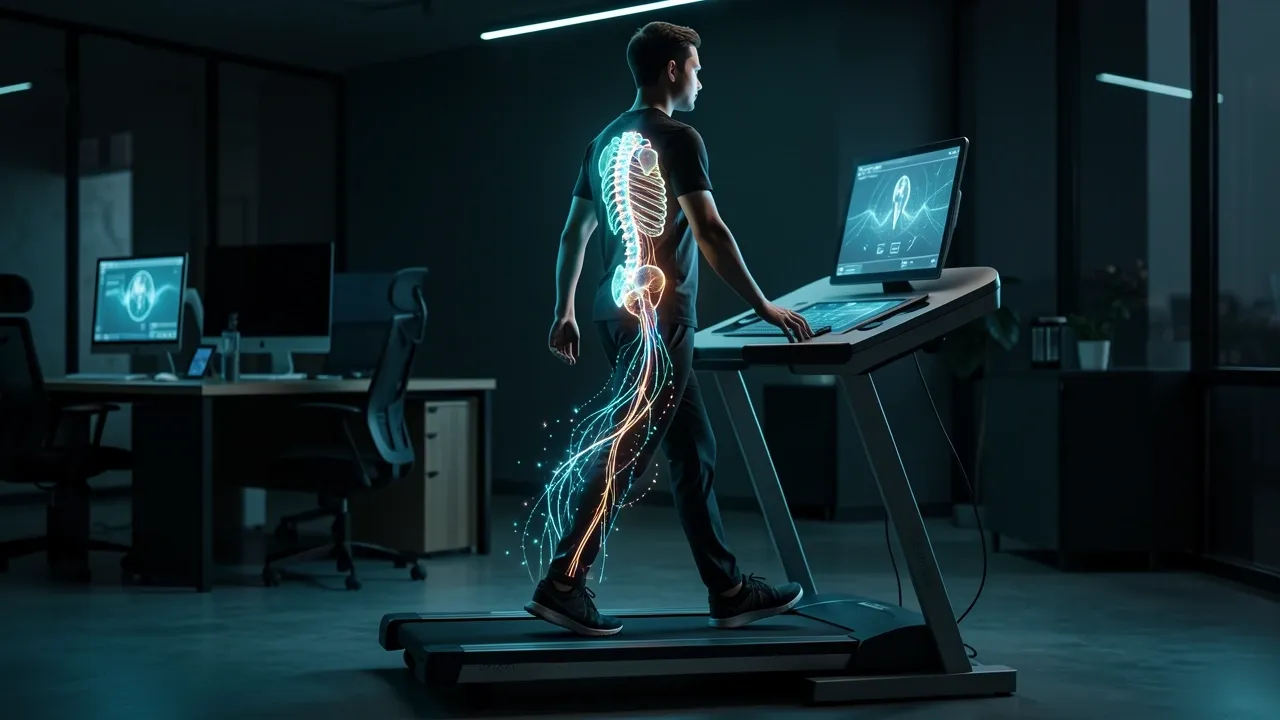 Person walking on under-desk treadmill with glowing neural data streams mapping sciatic nerve relief