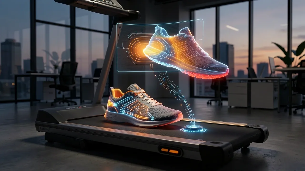 Low-drop walking shoe on under-desk treadmill with holographic pressure map and AI gait data overlay
