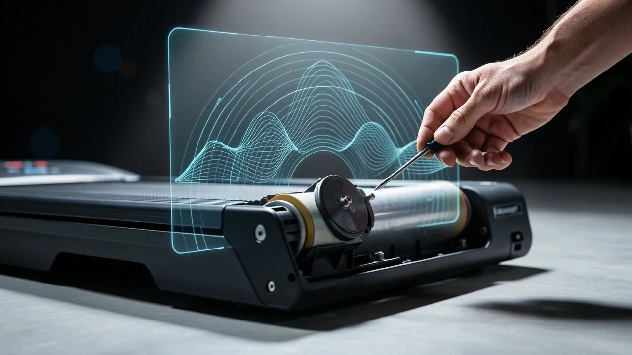 Close-up of technician adjusting walking pad roller with holographic diagnostic overlay