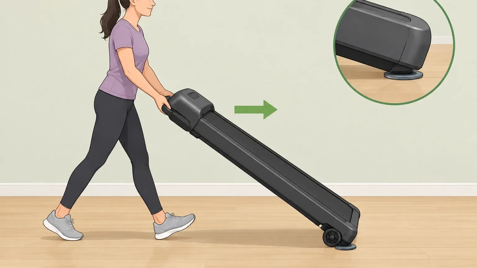 Easy way to move a walking pad Person tilting a walking pad onto its rear wheels and rolling it forward like a hand truck