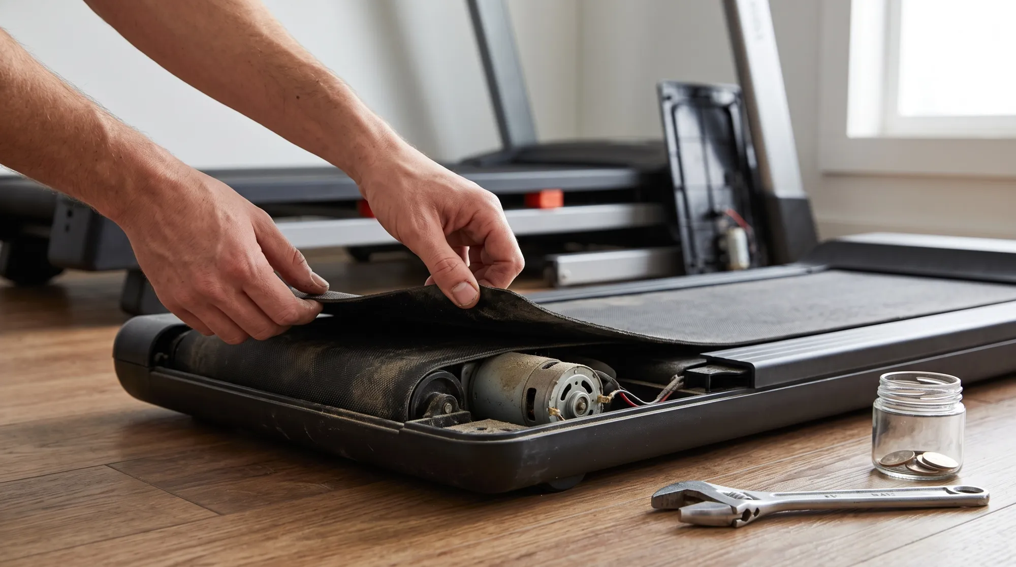 Hands inspecting a worn walking pad belt with tools and coins nearby while a treadmill waits in the background