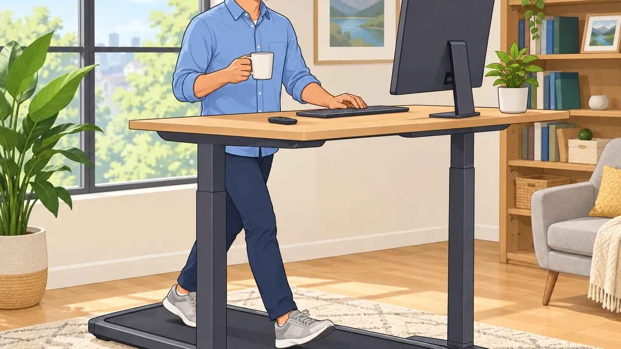 Illustration of a man walking on a compact walking pad under a standing desk in a bright home office, using a computer while walking.