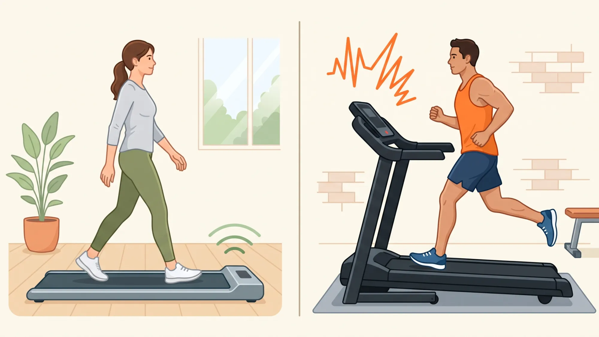 Quiet walking pad vs loud treadmill comparison Comparison of small sound waves from a walking pad versus large sound waves from a treadmill