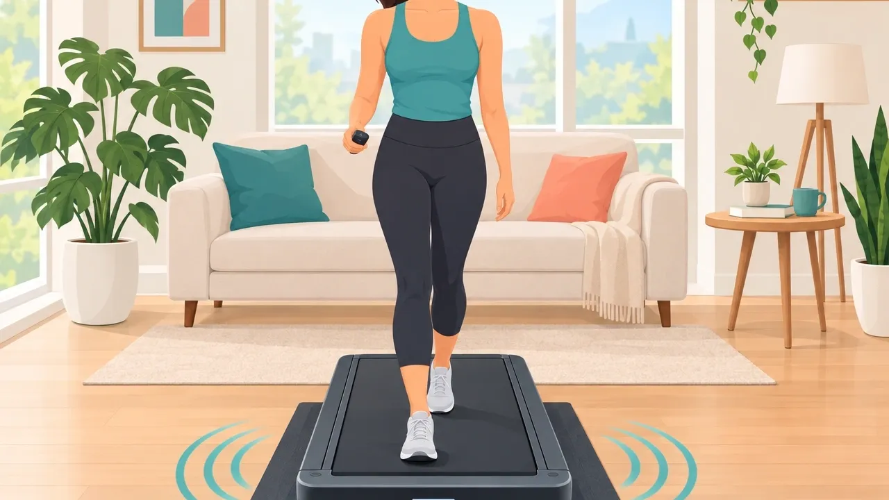 Illustration of a calm woman walking on a vibration walking pad in a bright living room, with smooth vibration waves rising from the machine and a remote control in her hand.