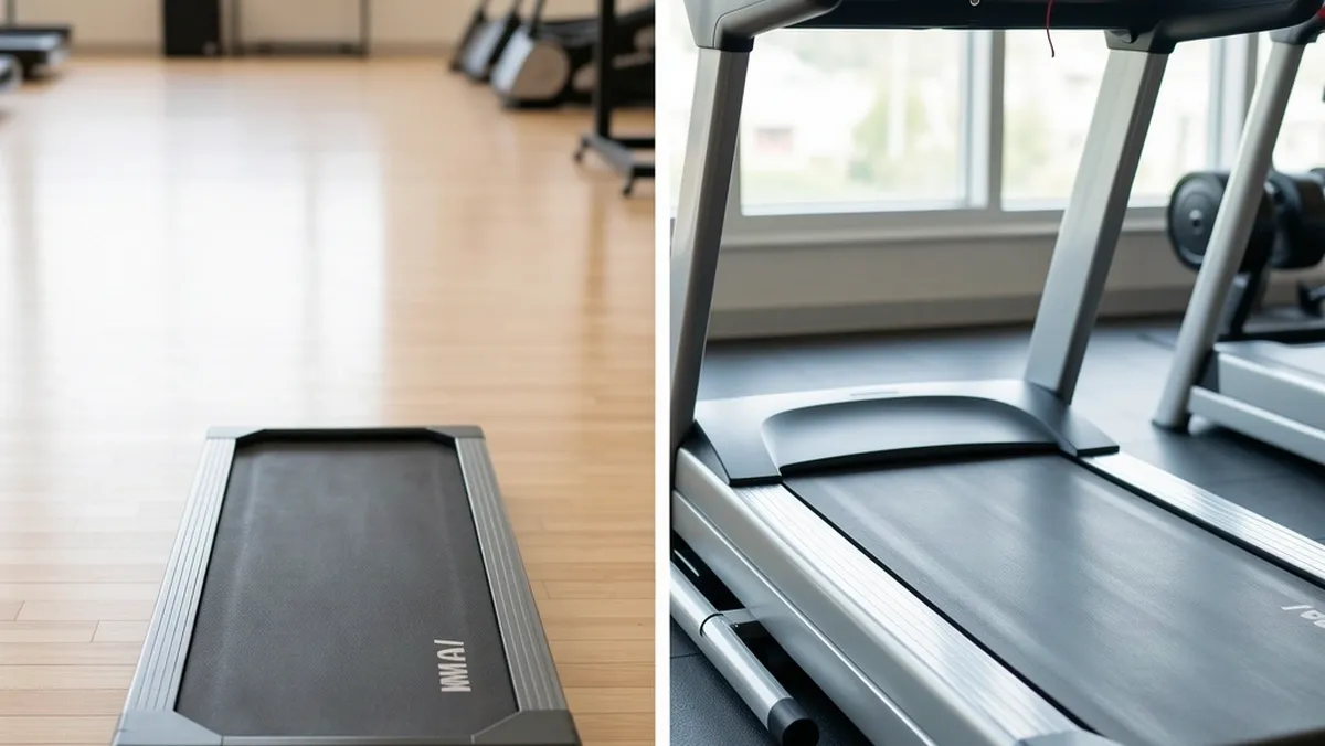 Walking Pad vs Full Treadmill Size Side-by-side comparison of compact walking pad and full-size treadmill